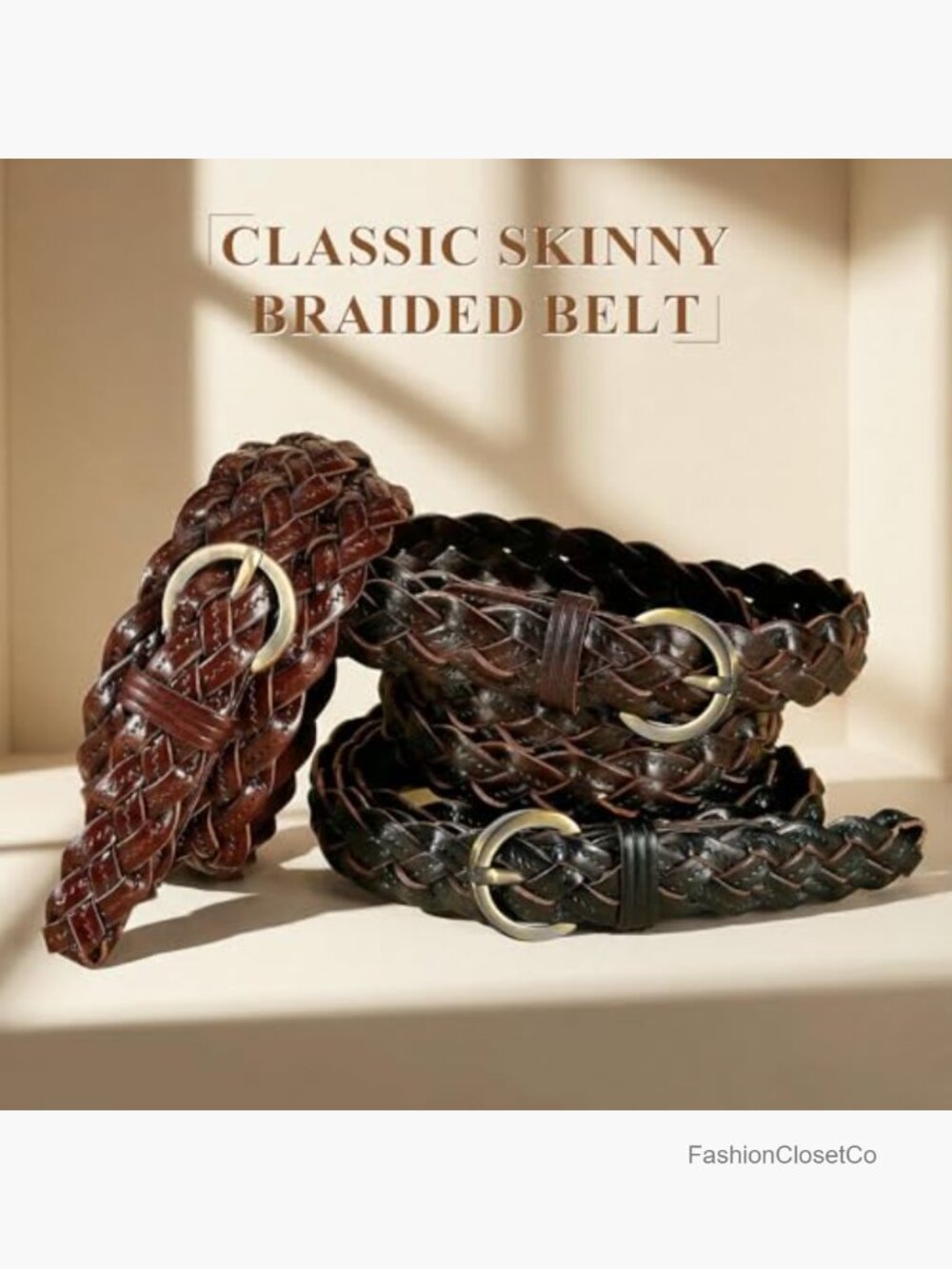 2 Braided Leather Belts - Skinny Woven Belt for Jeans & Pants - Picture 5 of 7